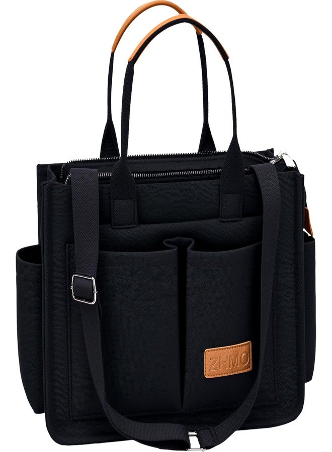 ZHMO Canvas Tote Bag for Women With Compartments and Zipper,Black Women's Bags Crossbody Bags Work Laptop Tote Bag Large Satchels Handbag Tote Purse Everyday Shoulder Bag for Travel Nurse Teacher Gift - Image 1